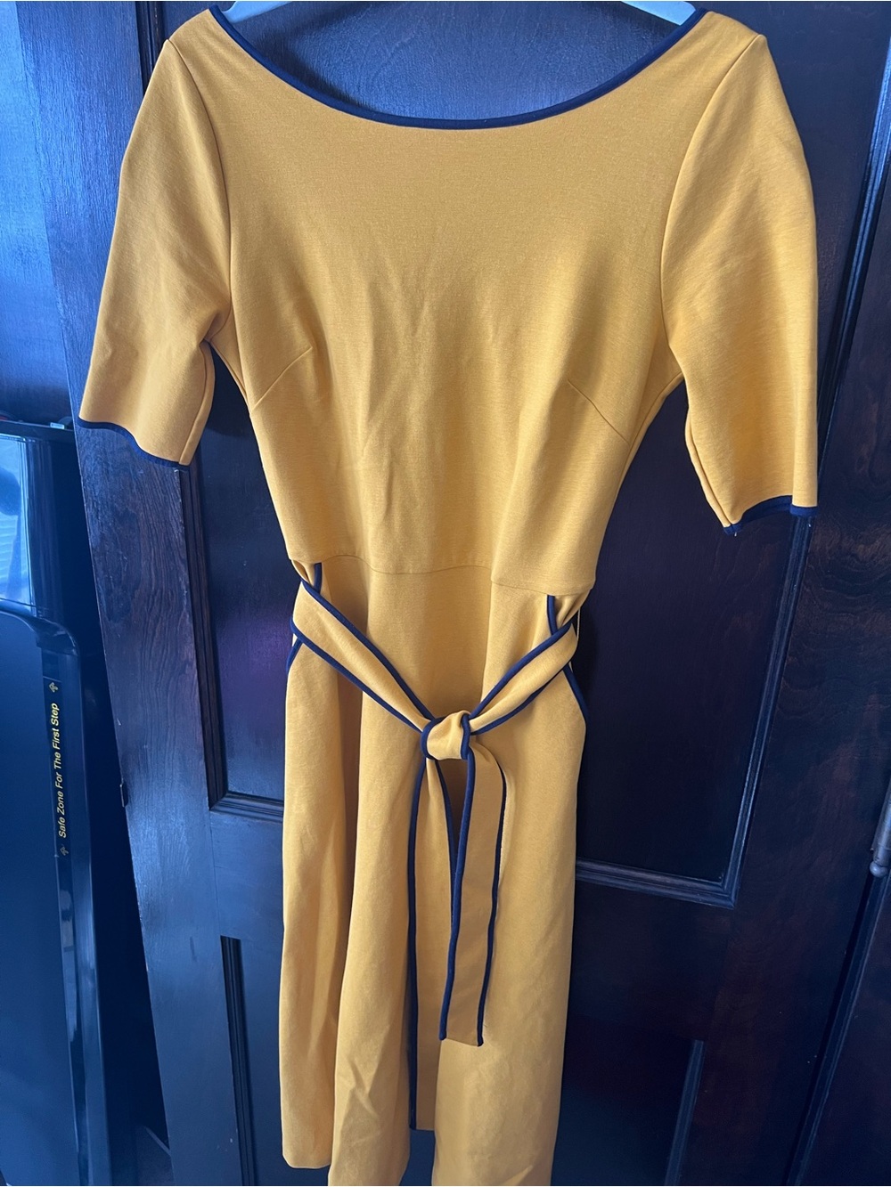 Boden Mustard Midi Dress with Navy Trim